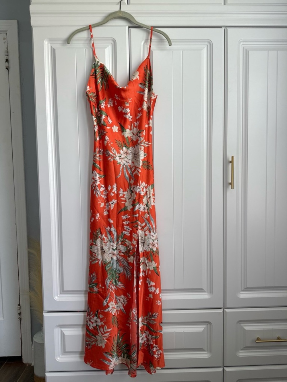 Paper Heart Orange Tropical Floral Satin Cowl Maxi Dress - Small